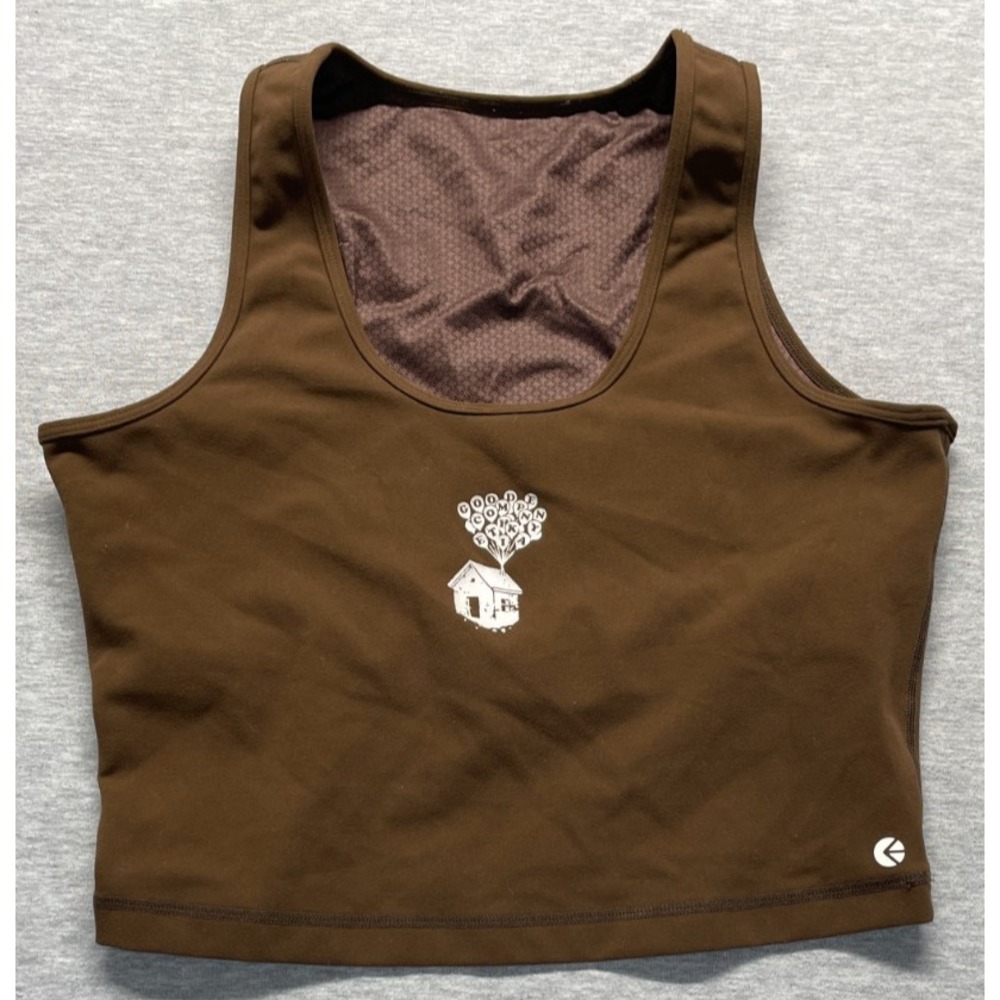 Ethika Cropped Tank Top Womens Small Brown Lined Graphic House Balloons Athletic
